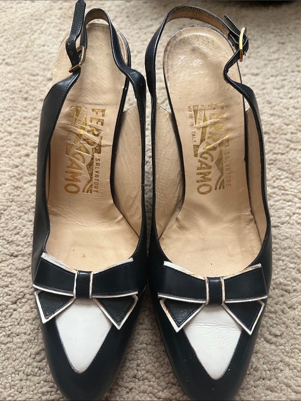 Salvatore Ferragamo Black and White Bow Slingback Heels